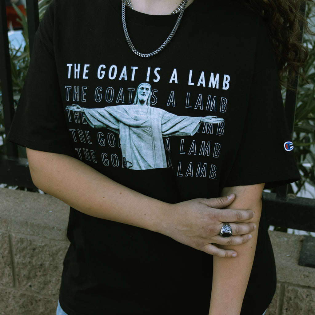 The Goat Is A Lamb - Christ The Redeemer Black Champion T-Shirt